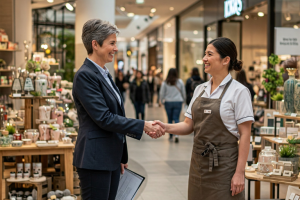 A real estate agent and a retailer shaking hands.