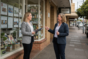 Two real estate agents speaking outside a shop