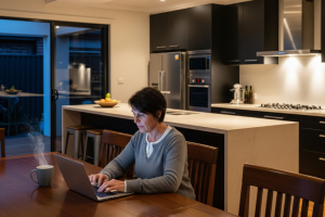 A lady is working on her laptop, while seated at her dining table in the evening.