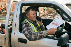 A male tradesperson is sitting in his ute while speaking on the phone, holding an outstanding invoice.