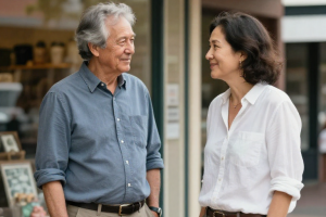 Two people, a male and female, both middle aged, speak outside a high street shop in regional Victoria.